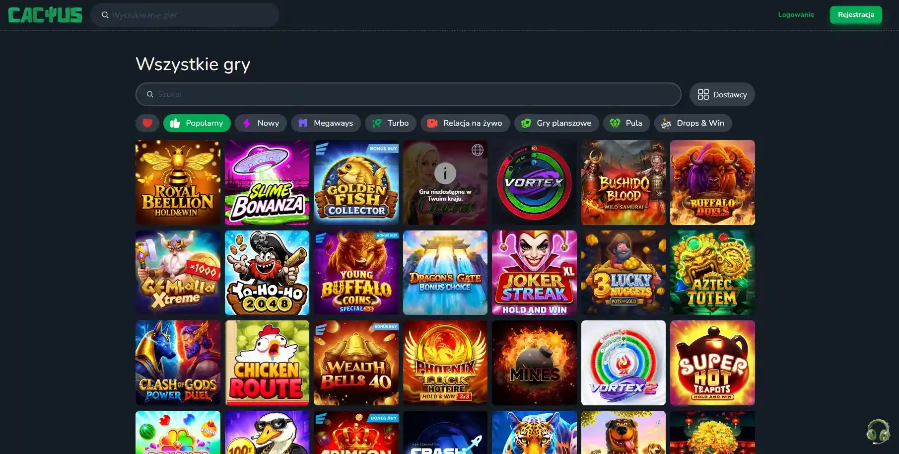 Aktualny katalog gier Cactus Casino z widocznymi kategoriami bez eksponowania licznika całej biblioteki