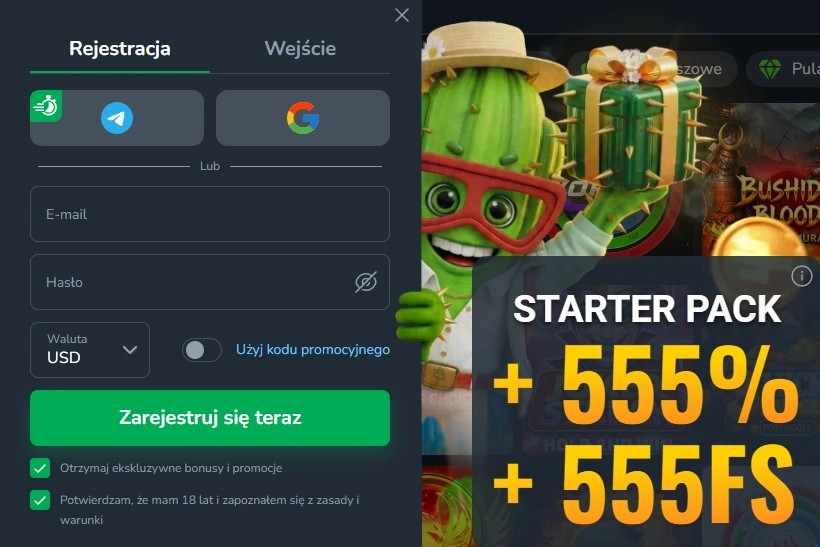 Aktualny formularz rejestracji Cactus Casino bez danych osobowych