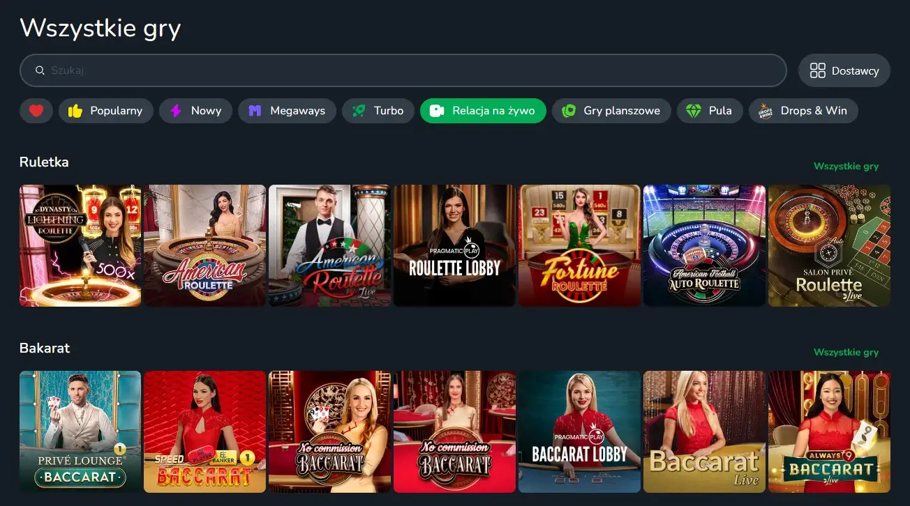Aktualna sekcja live casino w Cactus Casino z widocznymi kategoriami gier na żywo