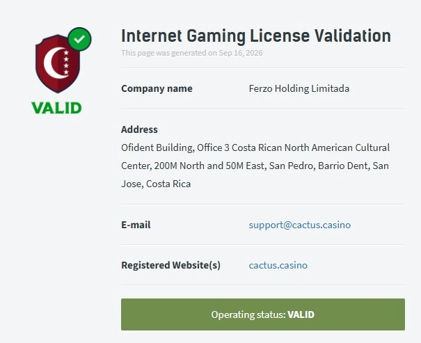 Oficjalny footer Cactus Casino z operatorem i numerem licencji Anjouan
