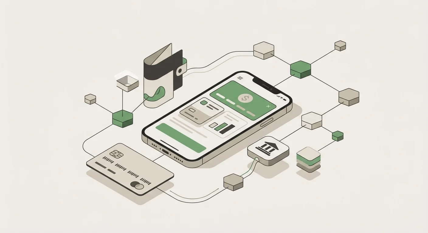 Ilustracja płatności online w Polsce z motywem złotego, telefonu, karty i banku bez logotypów
