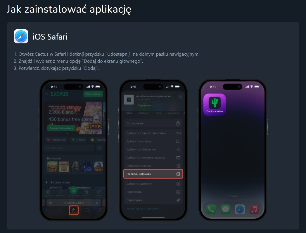 Oficjalny mobilny interfejs Cactus Casino z obszarem instalacji aplikacji
