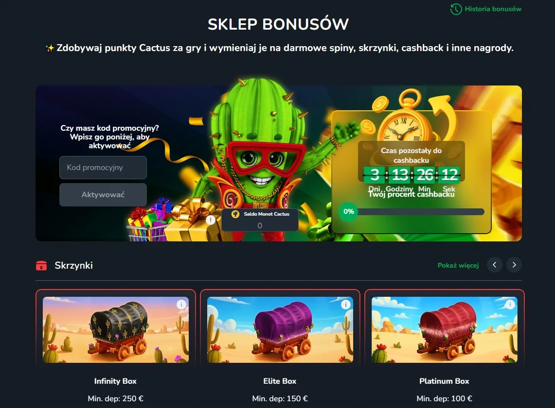 Aktualny obszar promocji Cactus Casino pokazujący rzeczywisty interfejs bonusów