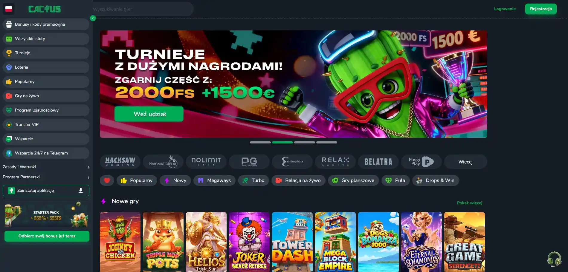 Aktualny widok strony głównej Cactus Casino z identyfikacją marki